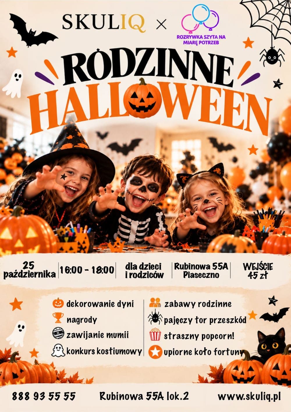 Plakat: Rodzinne Halloween w SKULIQ — 25 października, 16:00–18:00, ul. Rubinowa 55A w Piasecznie, wejście 45 zł